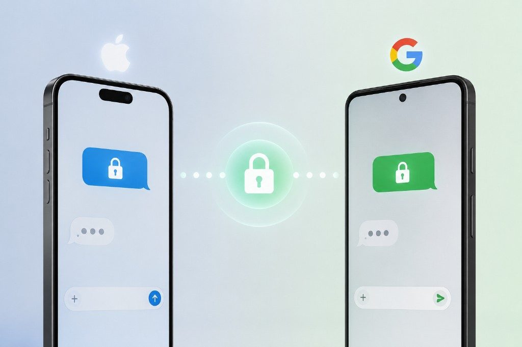 iPhone and Android phones with lock icons in message bubbles, connected by a central padlock representing end-to-end encrypted RCS