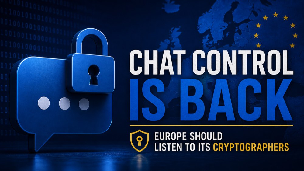 Chat Control is back editorial graphic with a locked chat bubble and map of Europe