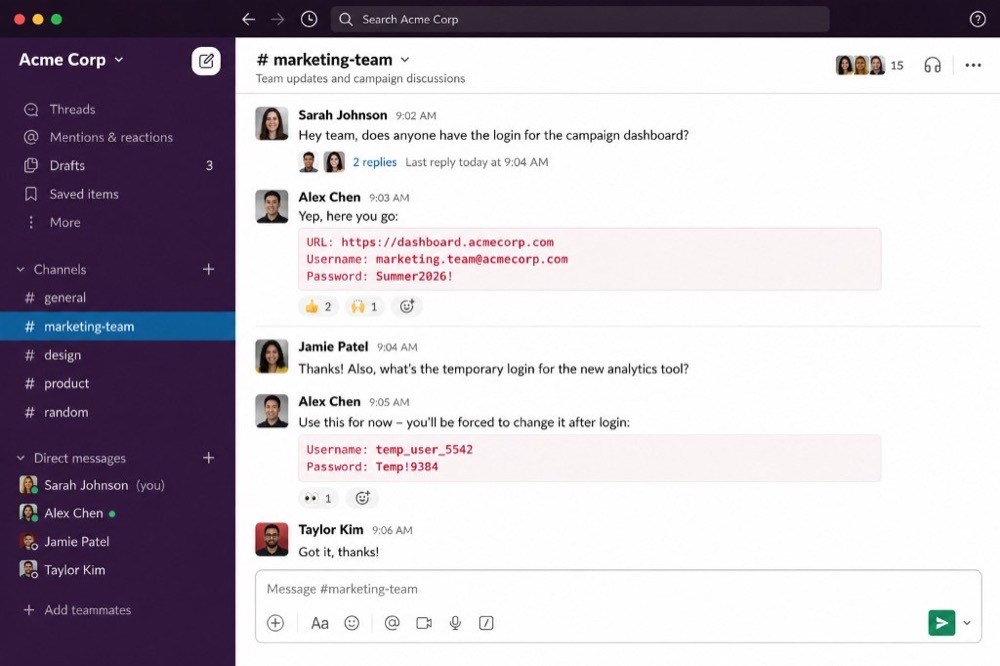 Team chat channel showing plaintext passwords shared in message history