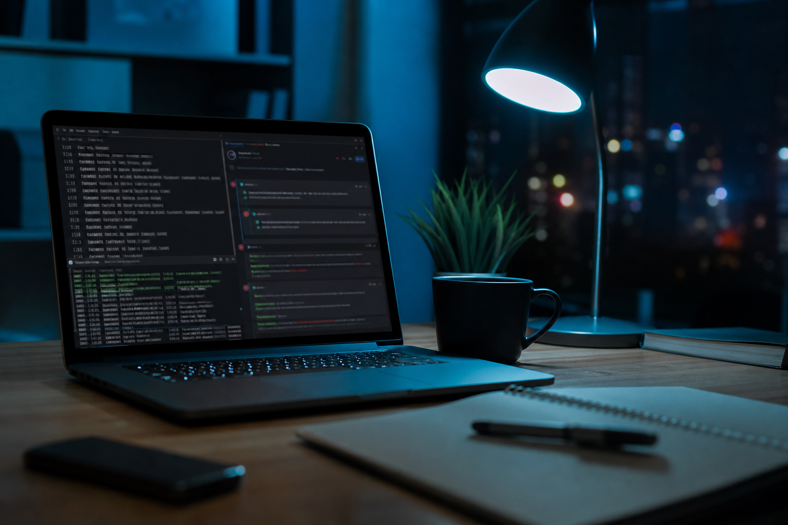 Developer laptop on a desk at night showing a terminal and configuration files under cool blue desk light