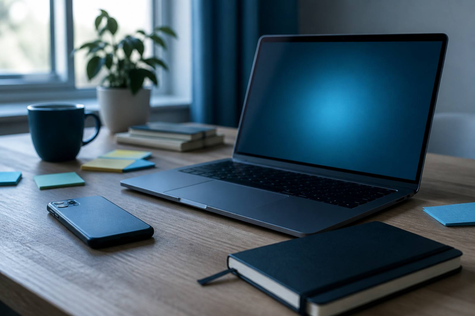 Calm desk with a laptop, paper notes, and a phone—suggesting everyday places secrets accidentally linger