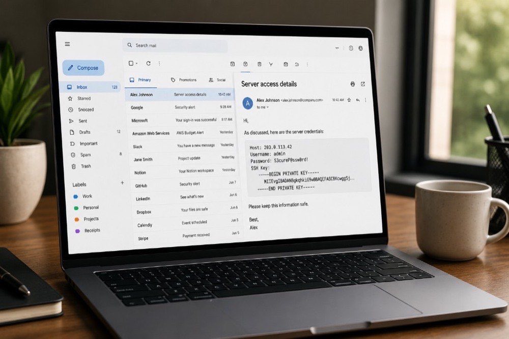 Laptop on a desk showing an email with server credentials and an SSH private key in plain text