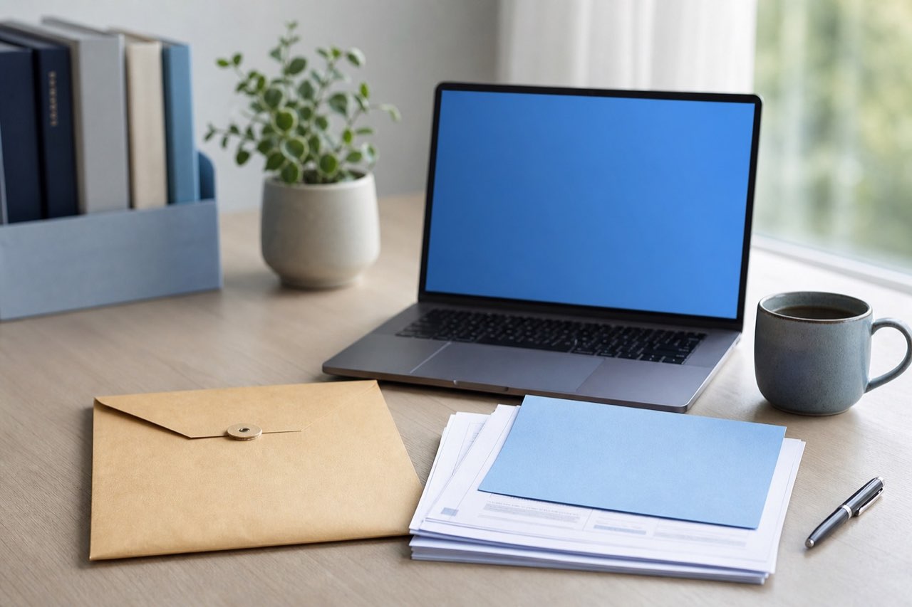 Calm desk scene suggesting a temporary file handoff versus long-lived cloud collaboration folders