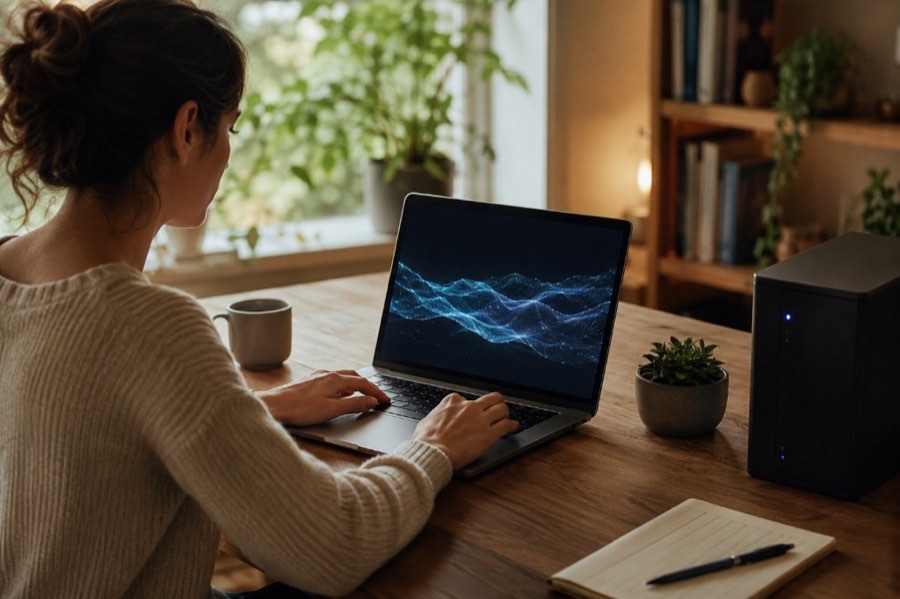 Person working at a home desk with a laptop showing a neural-network visualization and a compact local AI server beside it