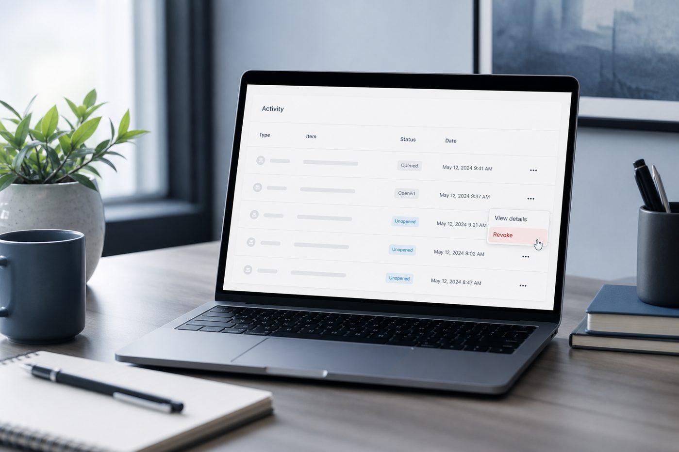 Account activity view with an unopened note and a clear option to revoke the link