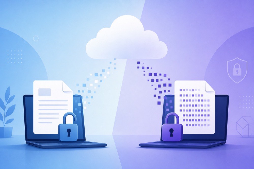 Secure document transfer concept: a sealed envelope and encrypted file handoff on a calm desk