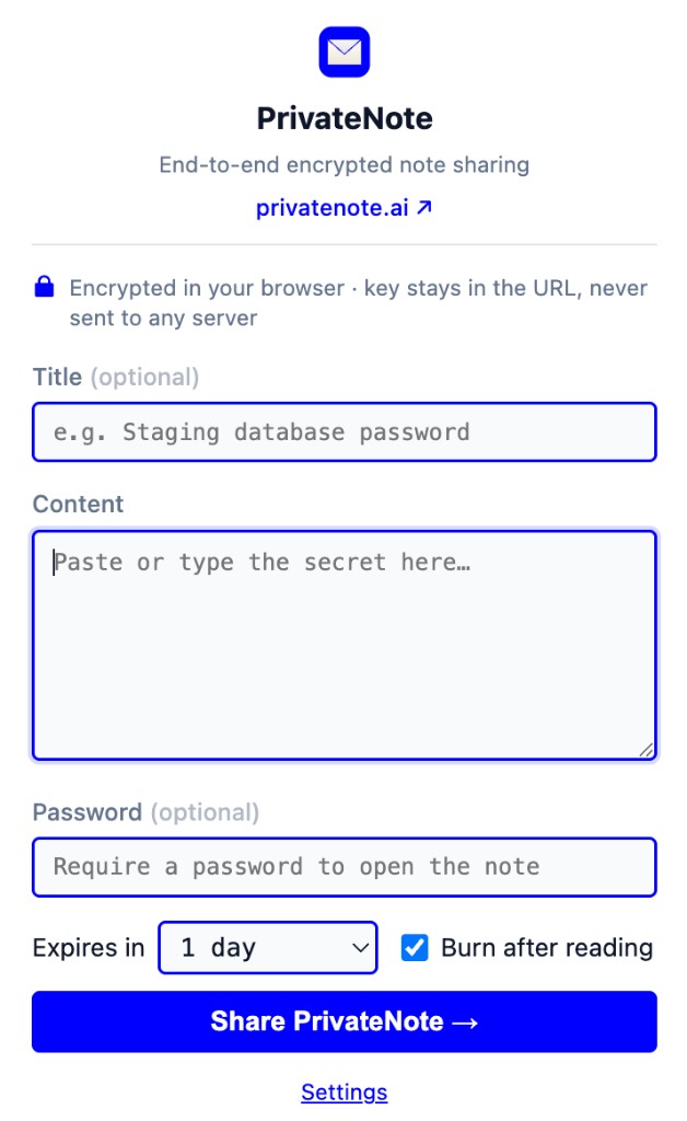 PrivateNote Chrome extension popup with title, content, optional password, expiry, and burn-after-reading options