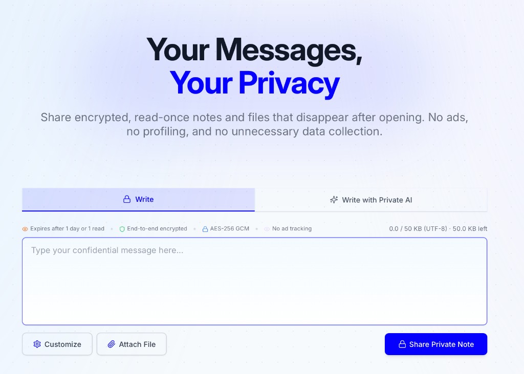 PrivateNote web app with encrypted note editor, expiry settings, and Share Private Note button